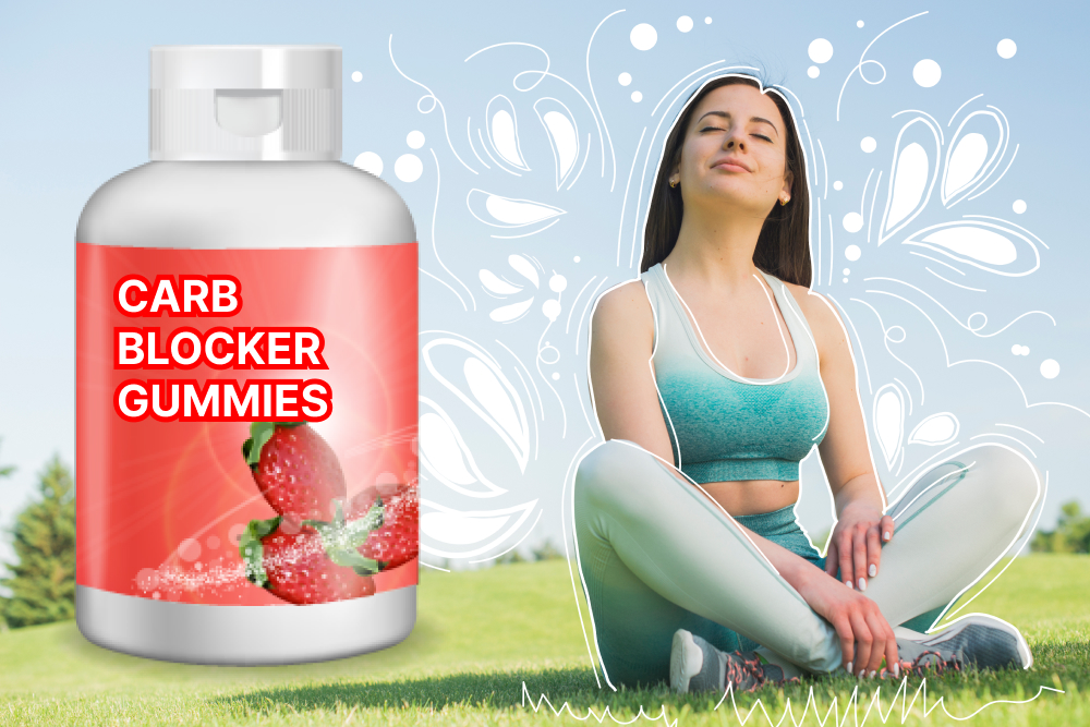 A woman in athletic wear sits peacefully on grass in a park, eyes closed and smiling, next to a bottle labeled "Carb Blocker Gummies" with strawberries on the label. White decorative doodles surround the woman, suggesting vitality and wellness.